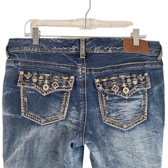 Arya Jeans Embroidered Flap Pockets 90s Y2K Flared Stretch Mid Rise Denim 35X32 - Picture 2 of 12